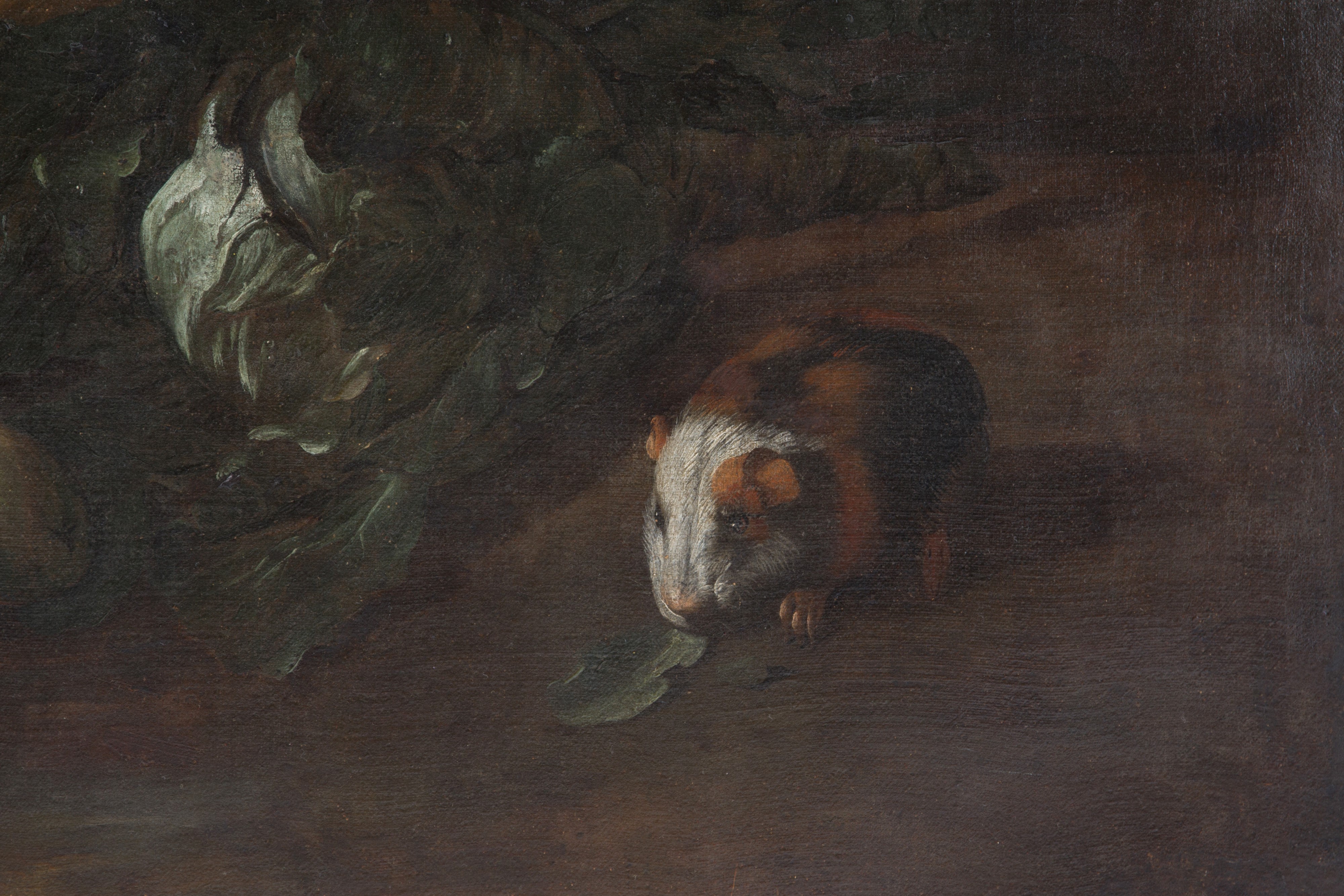 Dipinto "FRUTTI E VERDURE ALL'APERTO CON UN PORCELLINO D'INDIA"