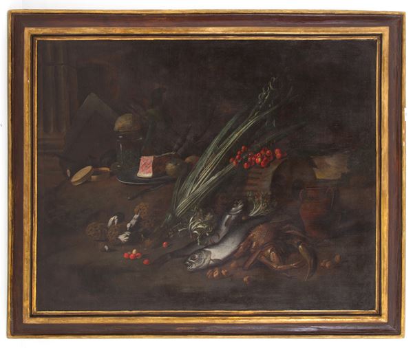 ANGELO MARIA ROSSI PSEUDO FARDELLA o PITTORE DI CARLO TORRE - Dipinto "FRUTTI, VERDURE, FUNGHI, DOLCIUMI E FAUNA ITTICA IN UN PAESAGGIO"