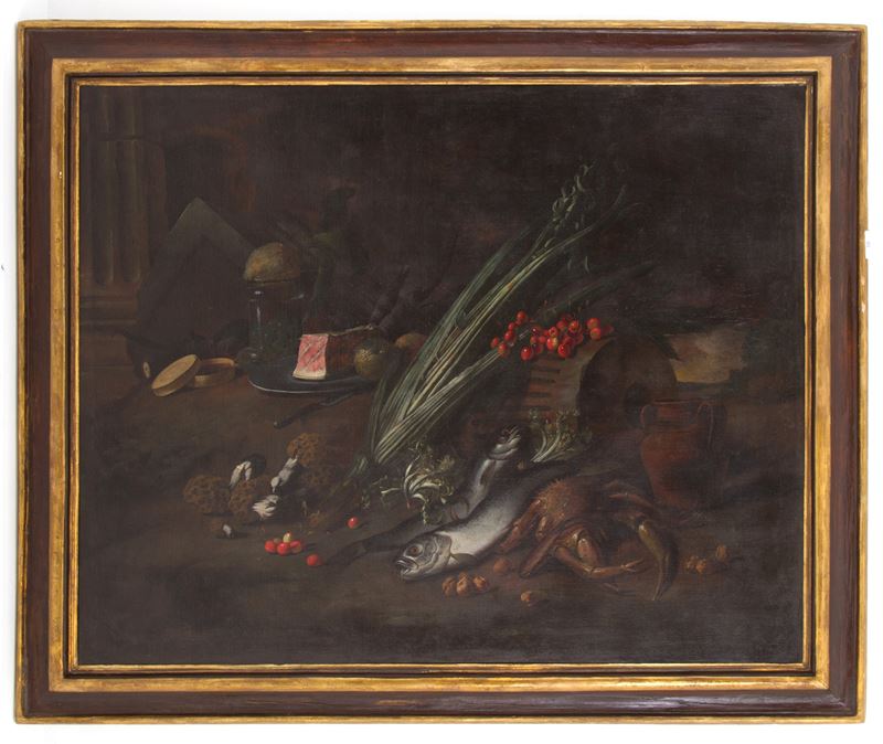 Dipinto "FRUTTI, VERDURE, FUNGHI, DOLCIUMI E FAUNA ITTICA IN UN PAESAGGIO"