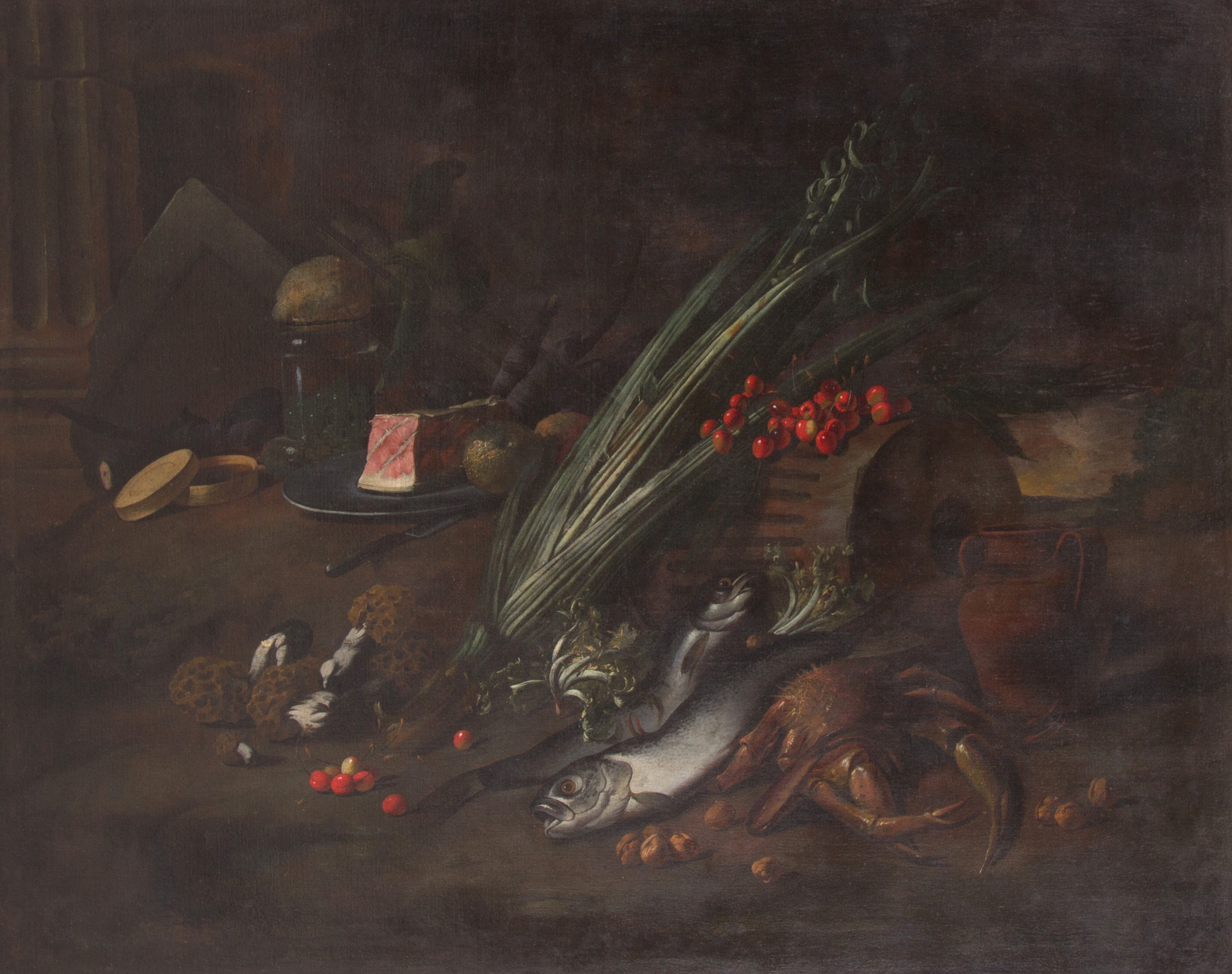 Dipinto "FRUTTI, VERDURE, FUNGHI, DOLCIUMI E FAUNA ITTICA IN UN PAESAGGIO"