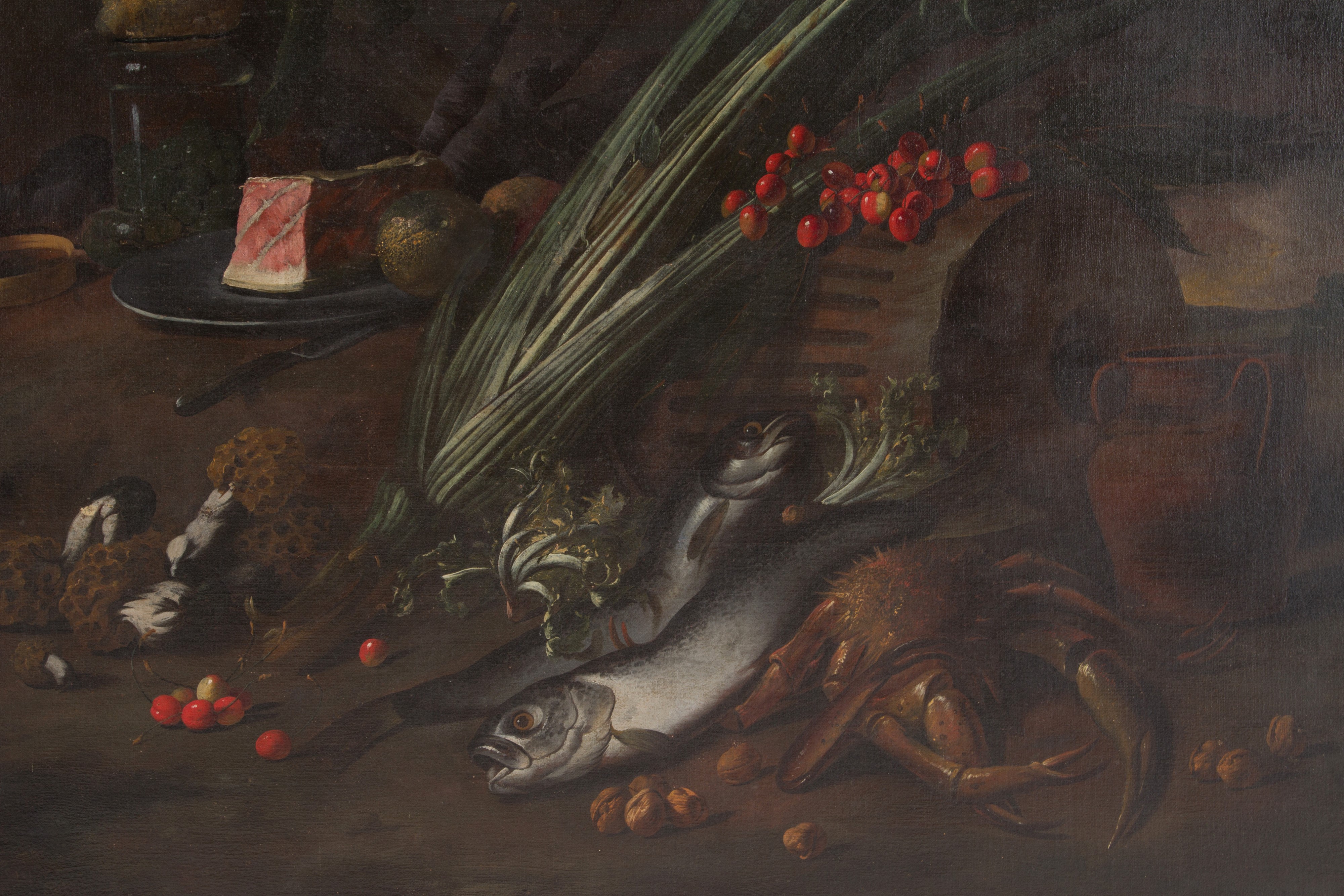 Dipinto "FRUTTI, VERDURE, FUNGHI, DOLCIUMI E FAUNA ITTICA IN UN PAESAGGIO"