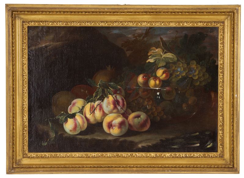 Dipinto "NATURA MORTA CON FRUTTI IN VASCA DI VETRO E ALTRI FRUTTI DEPOSTI A TERRA"