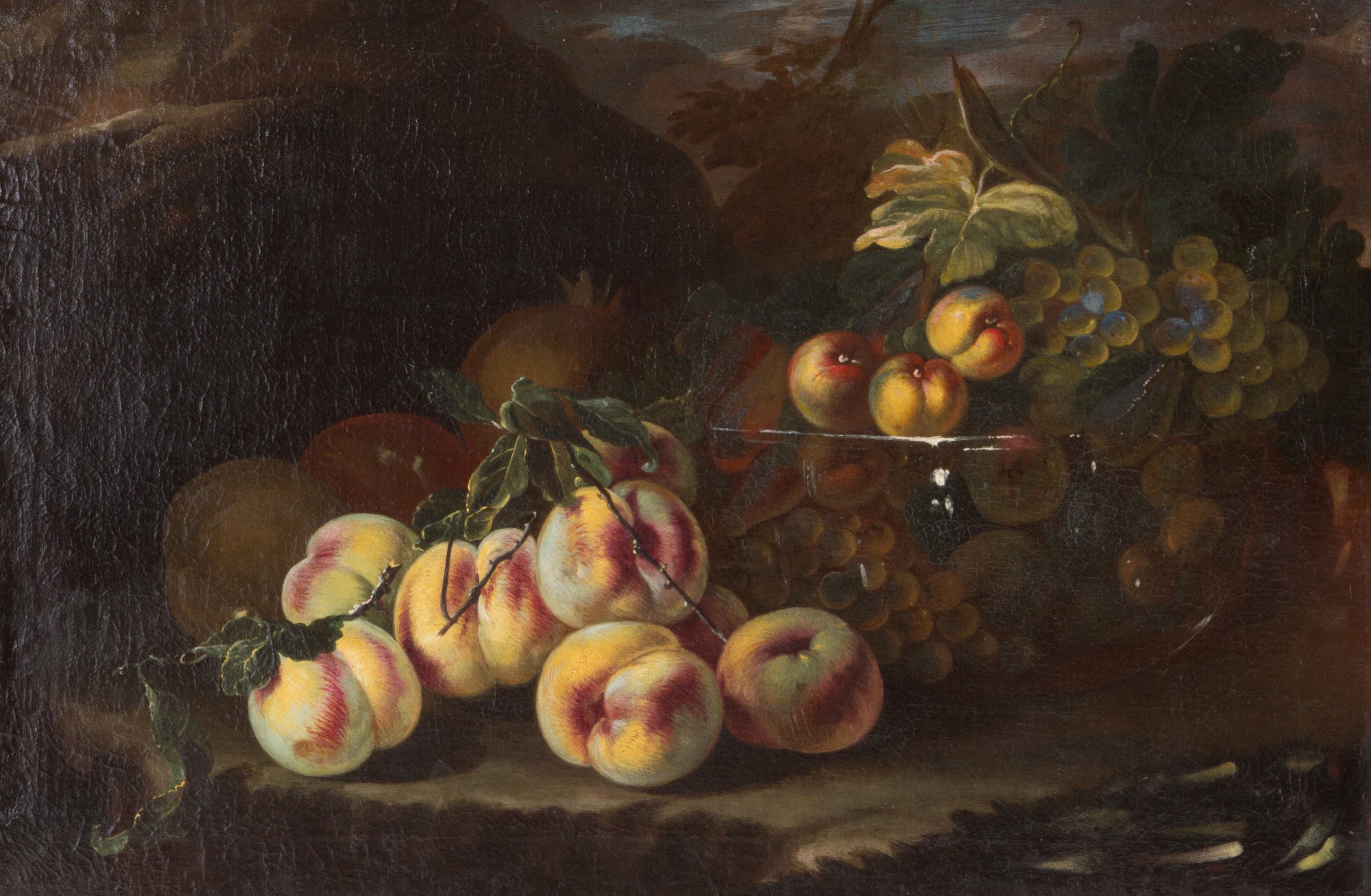 Dipinto "NATURA MORTA CON FRUTTI IN VASCA DI VETRO E ALTRI FRUTTI DEPOSTI A TERRA"