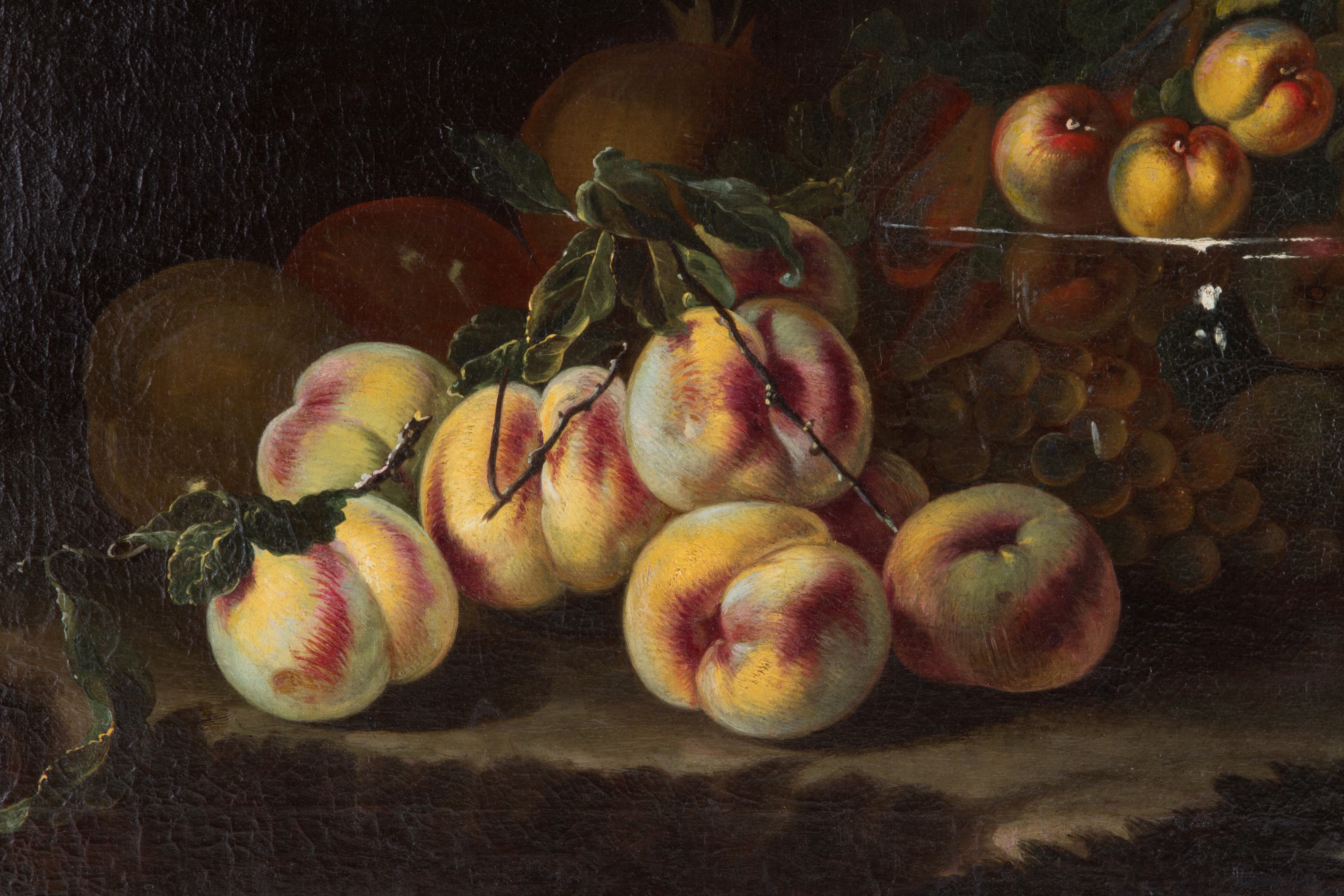 Dipinto "NATURA MORTA CON FRUTTI IN VASCA DI VETRO E ALTRI FRUTTI DEPOSTI A TERRA"