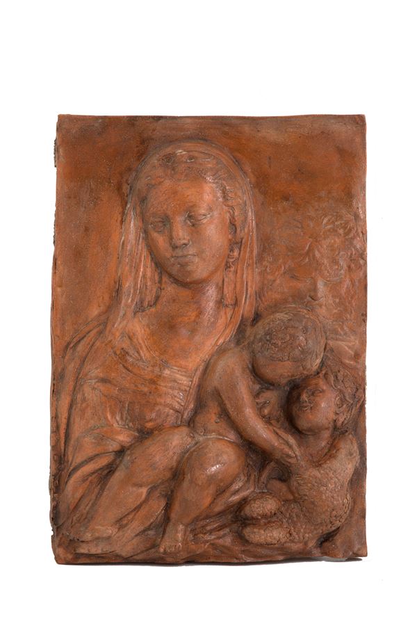 Terracotta plaque "MADONNA WITH CHILD AND SAINT JOHN"