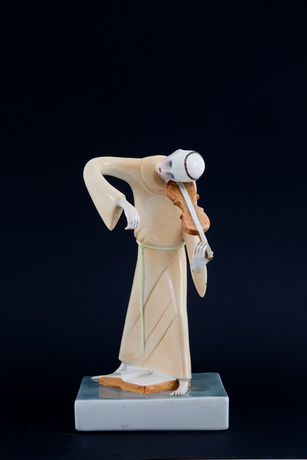 LINO BERZOINI - Scultura in ceramica "FRATE VIOLINISTA". LENCI