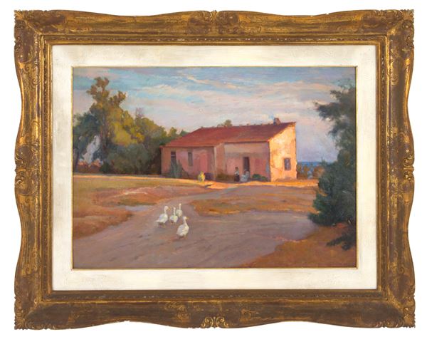 GIULIO CESARE VINZIO - Painting &quot;FARMHOUSE WITH GEESE&quot;