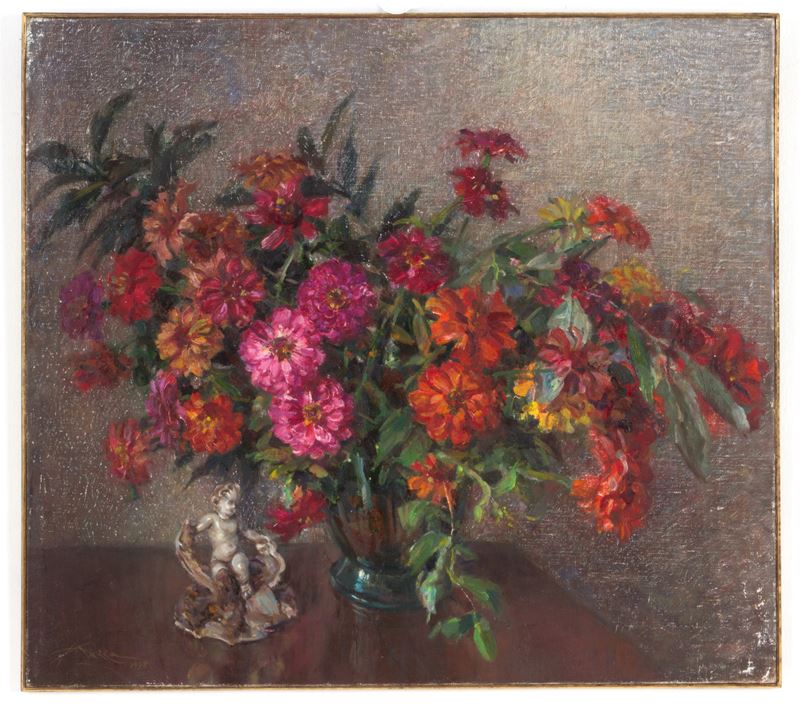 Aldo Mazza - Dipinto "composizione con Fiori e Scultura in Porcellana"