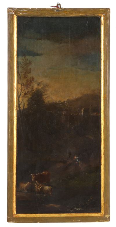 Dipinto "paesaggio con Pescatore e Animali"