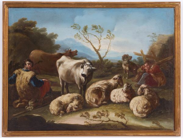 PHILIP PETER ROOS  ROSA DA TIVOLI - Painting "SHEPHERDS AT REST WITH HERD"