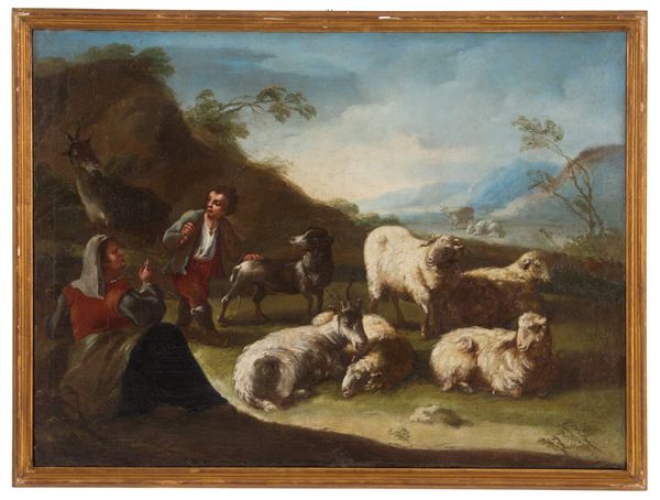 PHILIP PETER ROOS  ROSA DA TIVOLI - Painting "SHEPHERD WITH PEASANT WOMAN AND HERD"