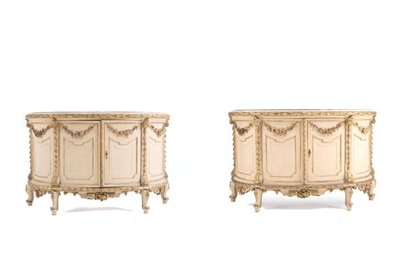 Pair of lacquered sideboards with marble top