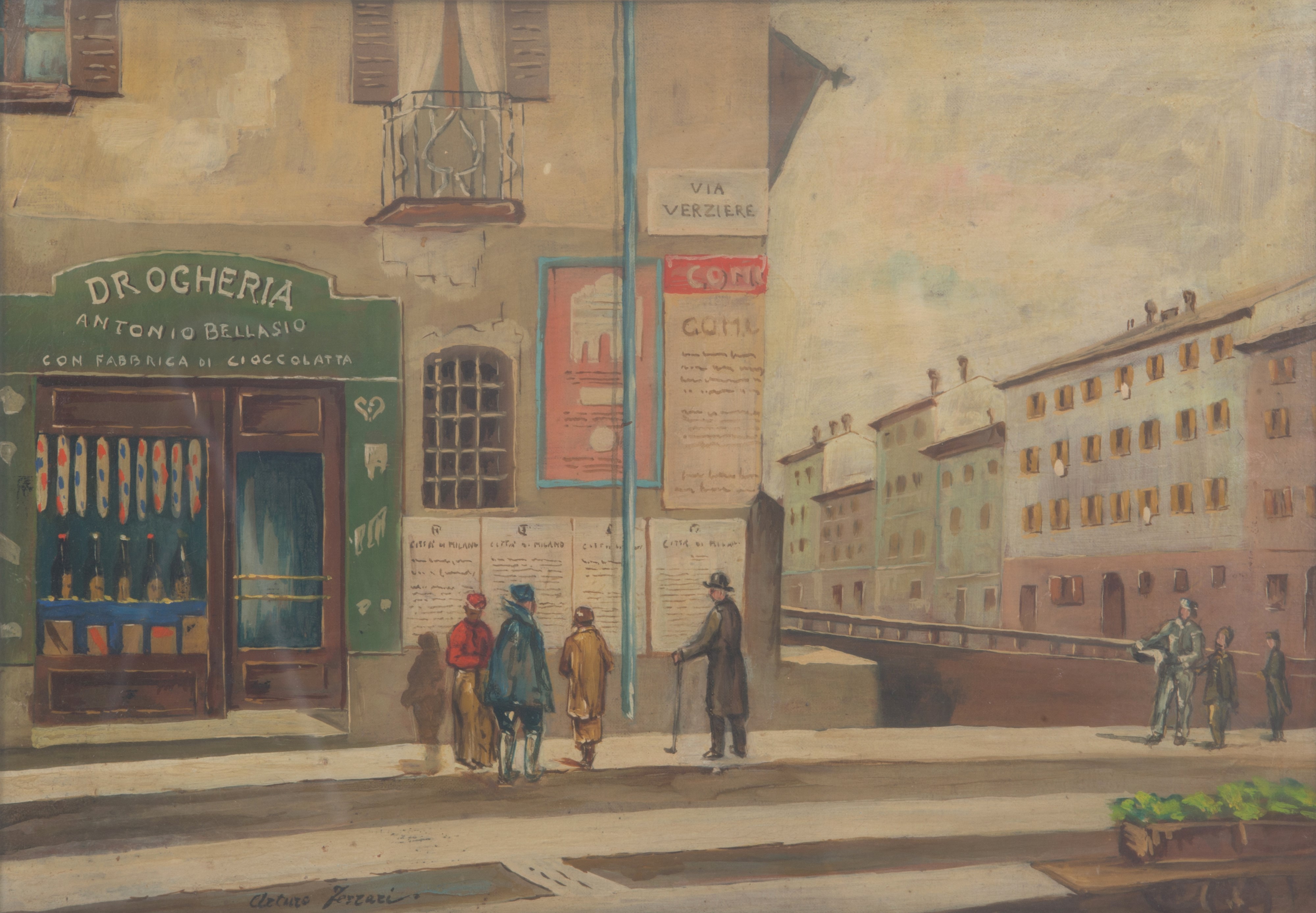 Arturo Ferrari - Dipinto "scorcio di Via Verziere, Milano"