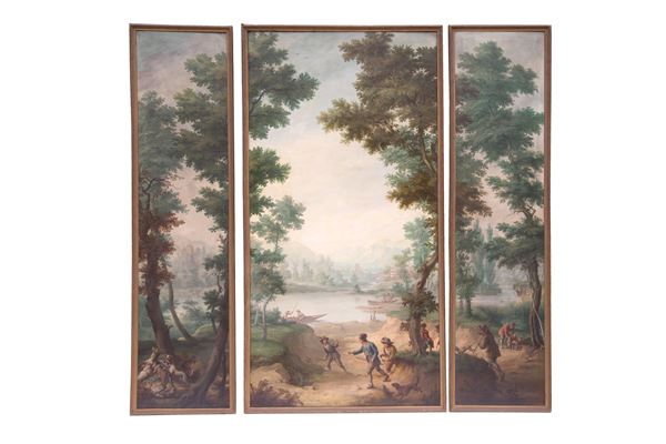 LUIGI RIGORINI - Triptych "LANDSCAPE WITH HARE HUNTING SCENE"