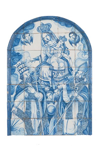 Placca in Maiolica "madonna con Bambino, Due Vescovi e Angeli"