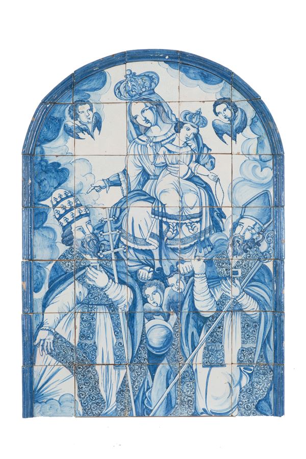 Placca in maiolica "MADONNA CON BAMBINO, DUE VESCOVI E ANGELI"