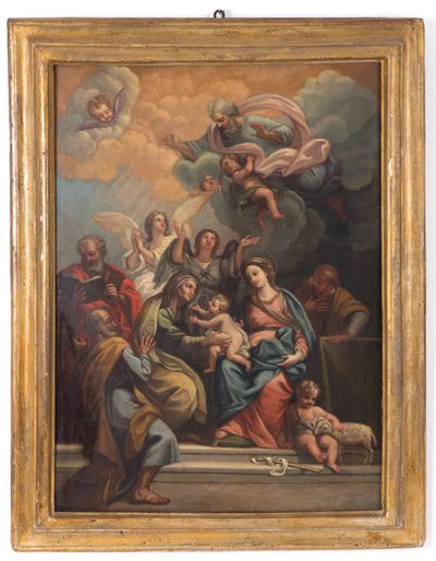 Dipinto "sacra Famiglia con Dio Padre, Santa Elisabetta, San Giovannino, Angeli e Santi"