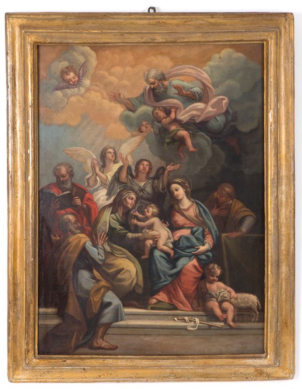 Painting "HOLY FAMILY WITH GOD THE FATHER, SAINT ELIZABETH, SAINT JOHN, ANGELS AND SAINTS"