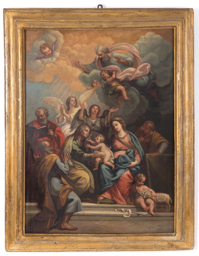 Dipinto "sacra Famiglia con Dio Padre, Santa Elisabetta, San Giovannino, Angeli e Santi"