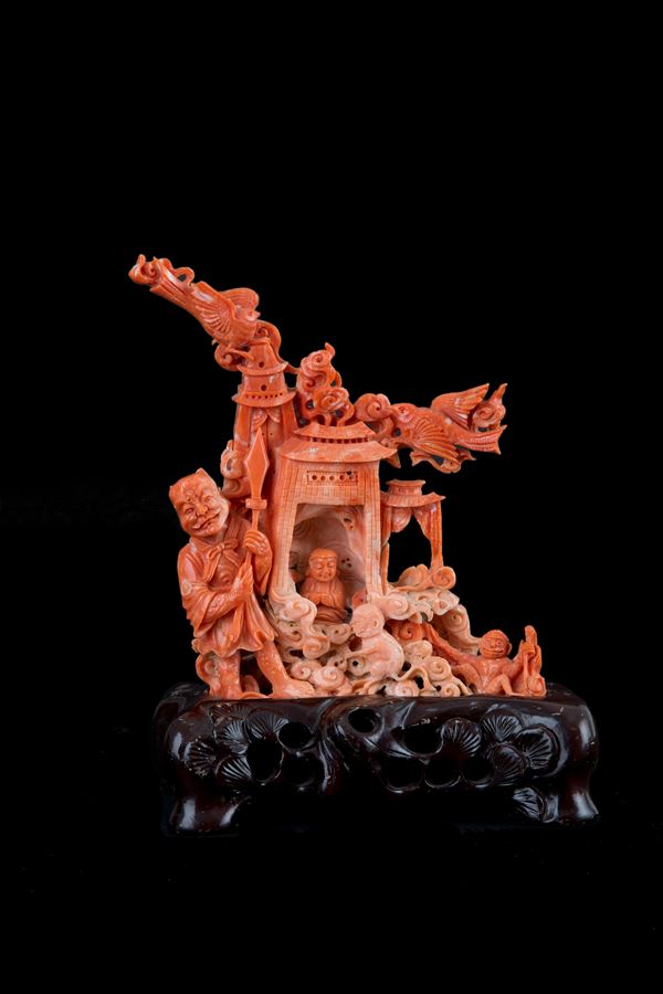 Scultura in corallo "PAGODA CON PERSONAGGI E ANIMALI"