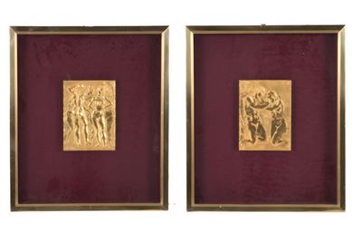 Due Placche in Bronzo Dorato "adamo ed Eva" e "studi di Nudo"
