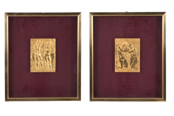 FRANCESCO MESSINA - Two gilded bronze plaques "ADAM AND EVE" and "NUDE STUDIES"