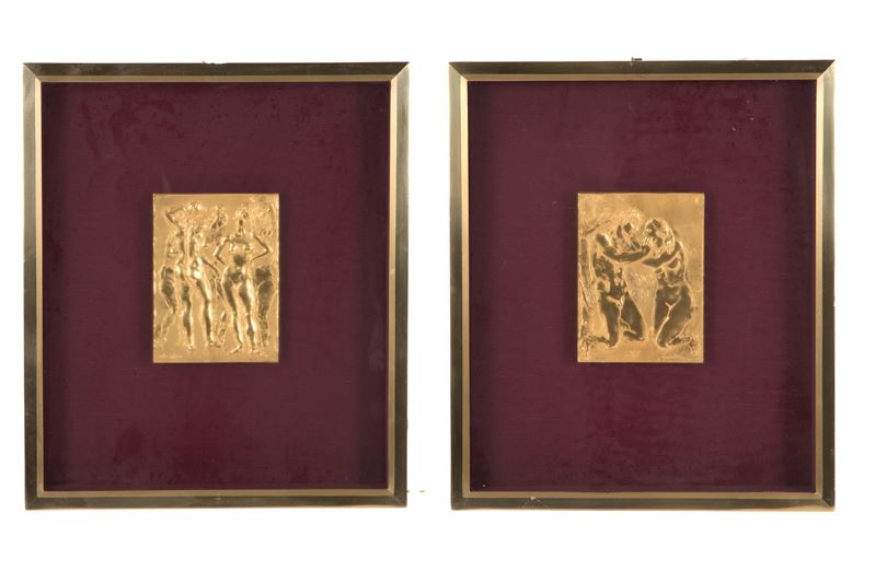 Francesco Messina - Due Placche in Bronzo Dorato "adamo ed Eva" e "studi di Nudo"