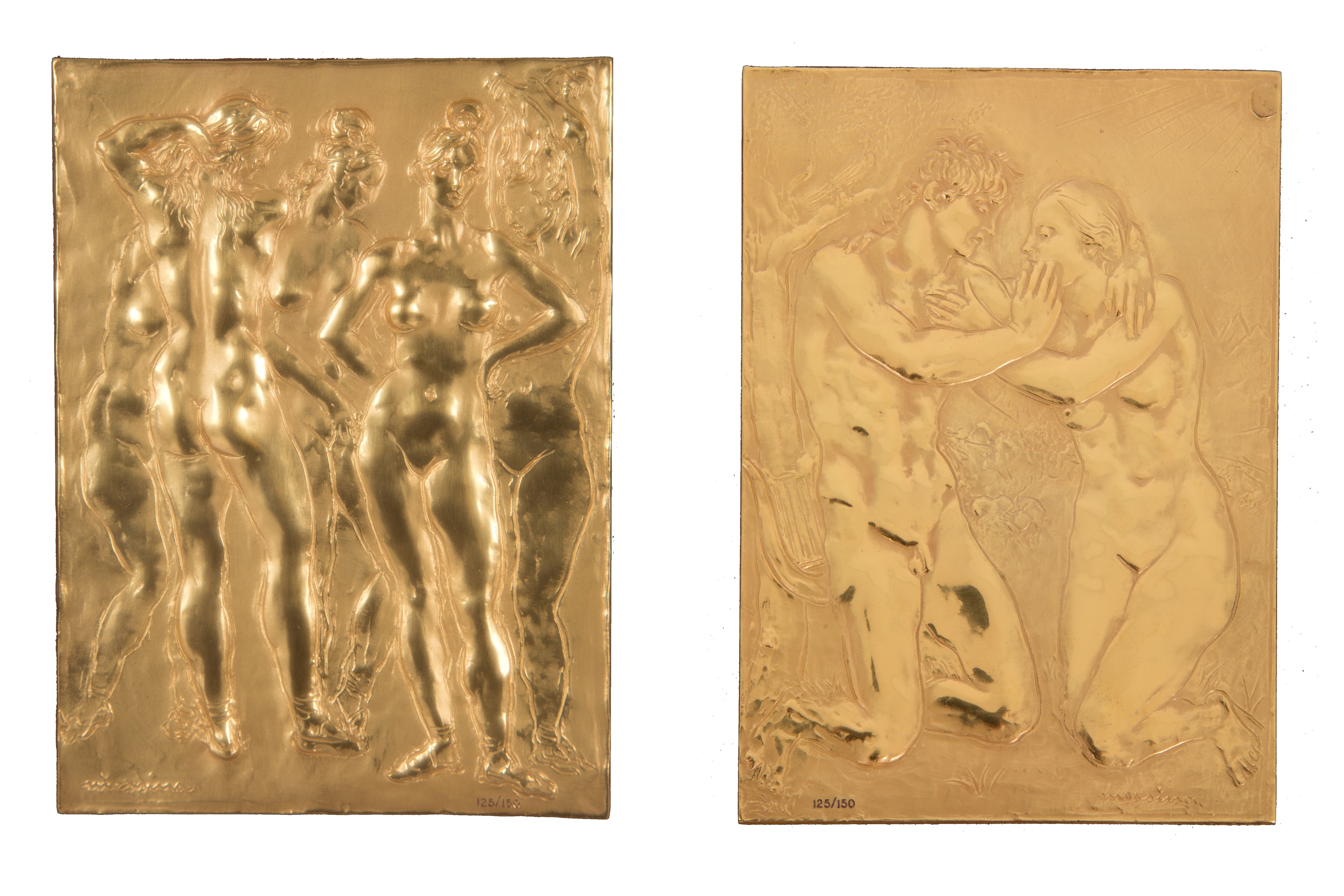 Francesco Messina - Due Placche in Bronzo Dorato "adamo ed Eva" e "studi di Nudo"