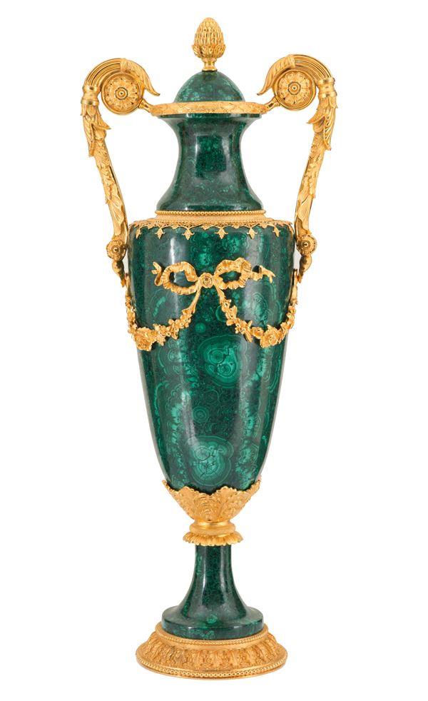 Malachite vase with handles