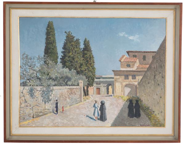 GIOVANNI COLACICCHI - Dipinto "BORGO CON VIANDANTI"