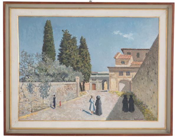 GIOVANNI COLACICCHI - Painting "VILLAGE WITH TRAVELERS"