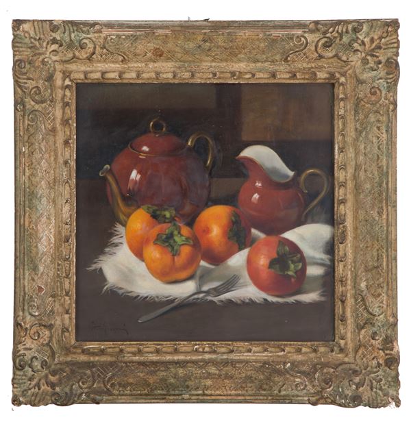 VITTORIO GUSSONI - Painting "PERSIMMON WITH TEAPOT AND MILK JUG"