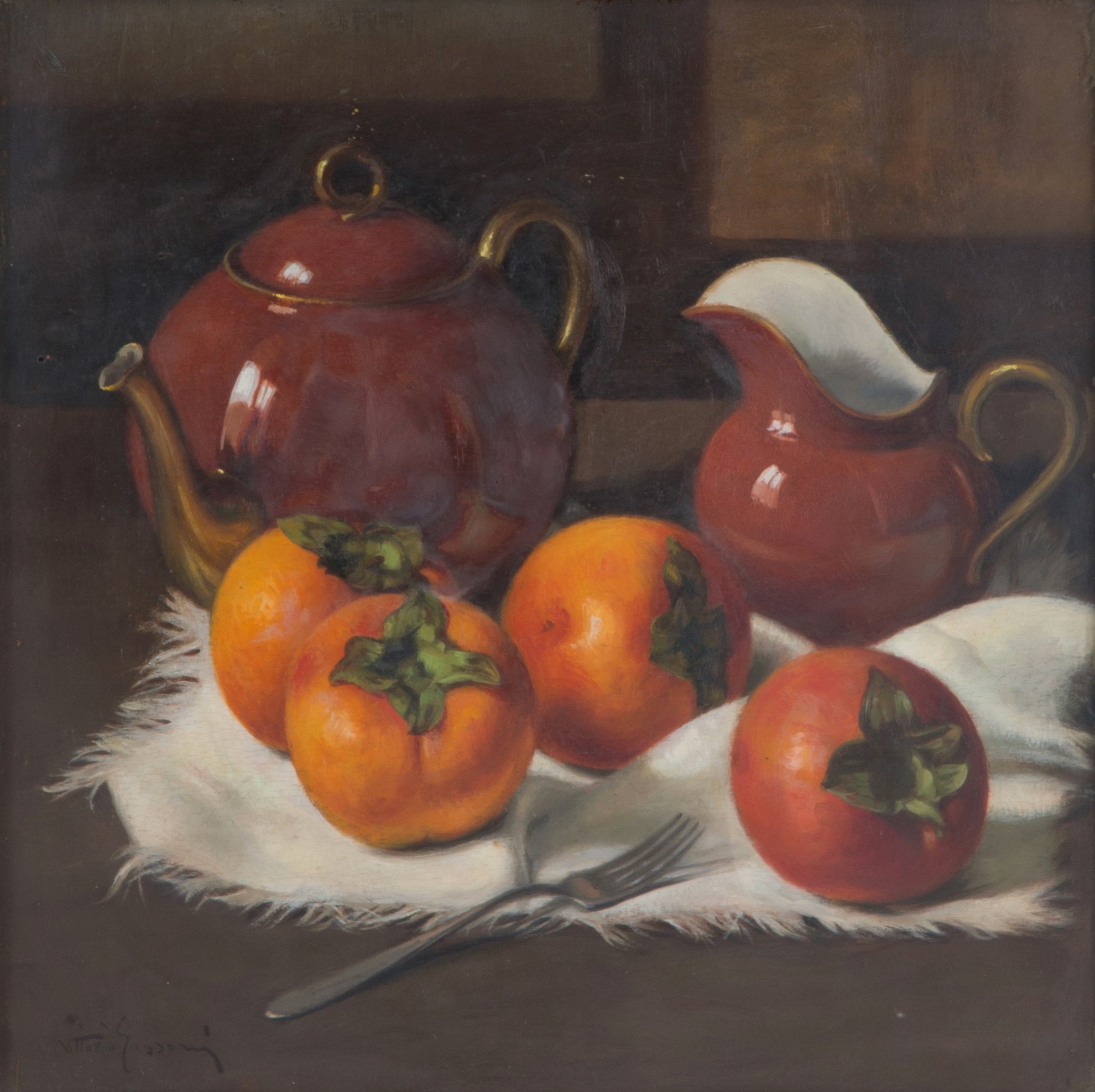 Vittorio Gussoni - Dipinto "cachi con Teiera e Lattiera"