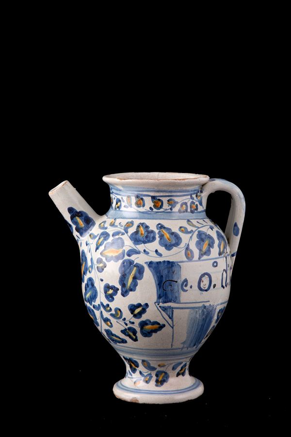 Yellow and blue majolica jug