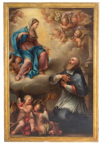 Dipinto "san Francesco di Sales in Adorazione della Vergine con Putti"