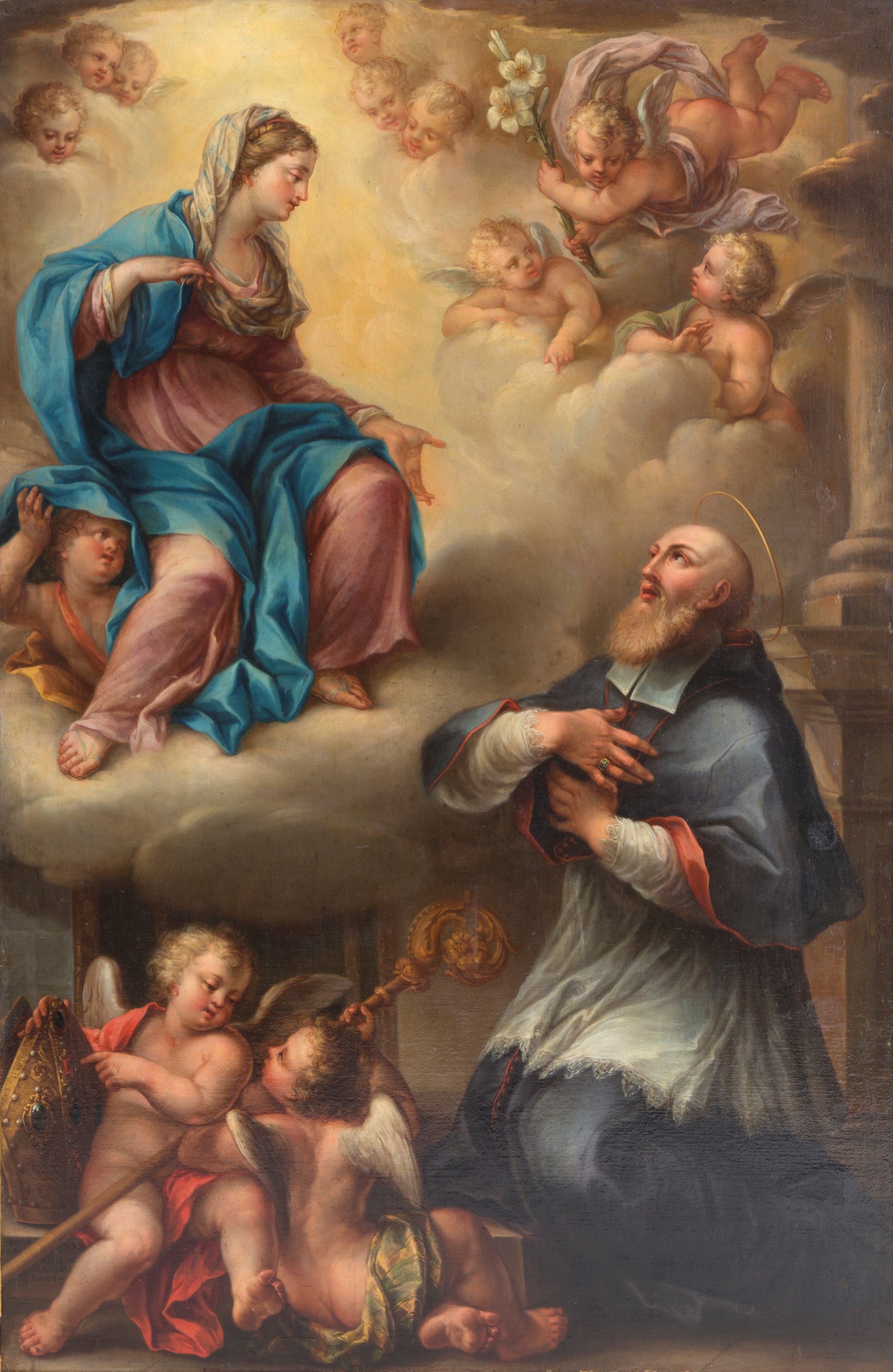 Dipinto "san Francesco di Sales in Adorazione della Vergine con Putti"