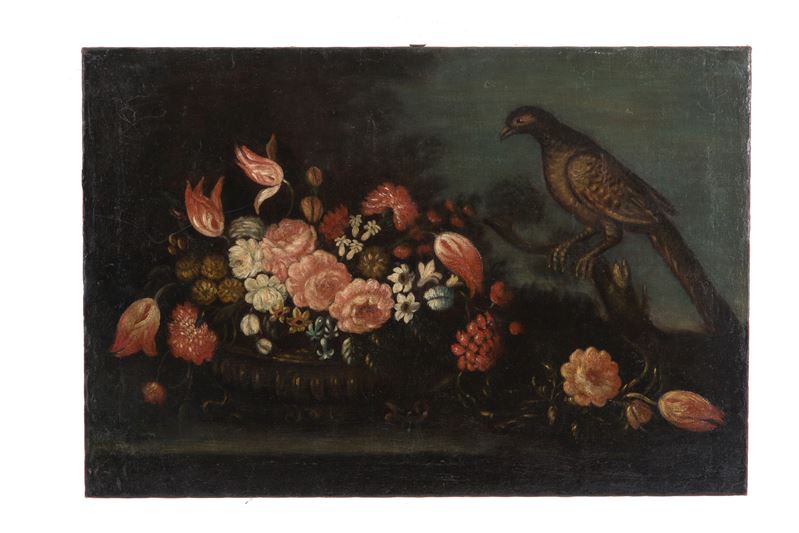 Dipinto "natura Morta con Fiori e Volatile"