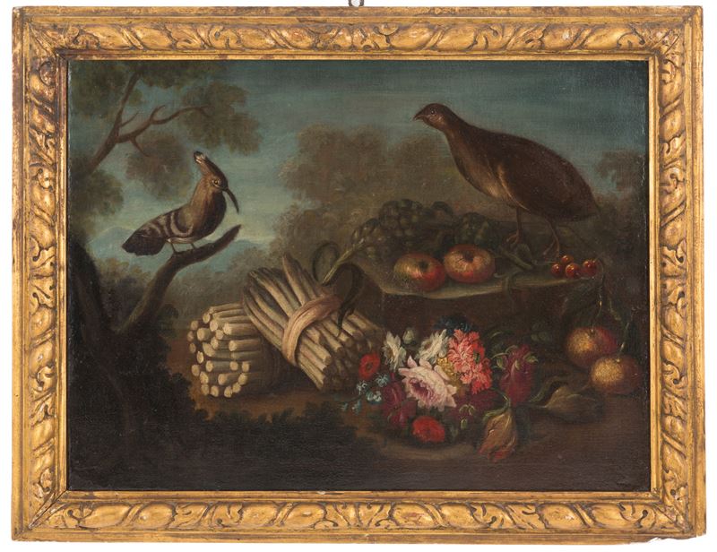 Dipinto "natura Morta con Fiori, Asparagi e Volatili".