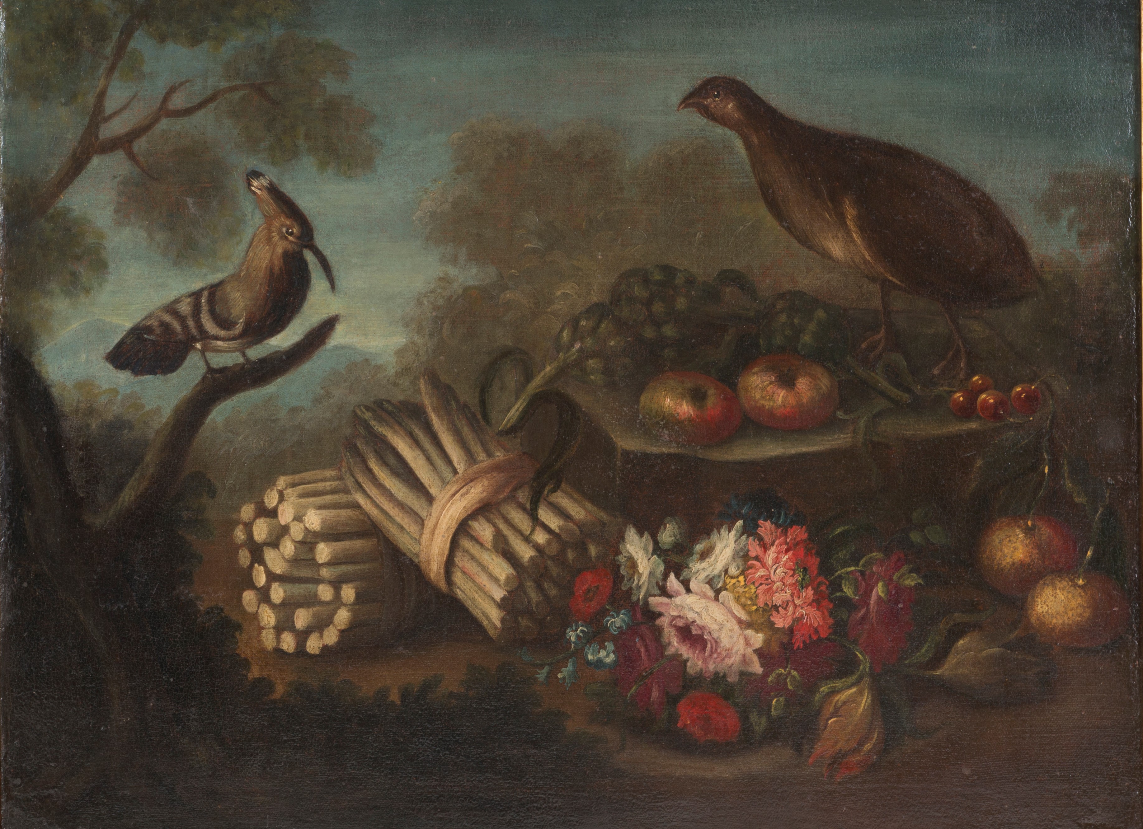 Dipinto "natura Morta con Fiori, Asparagi e Volatili".
