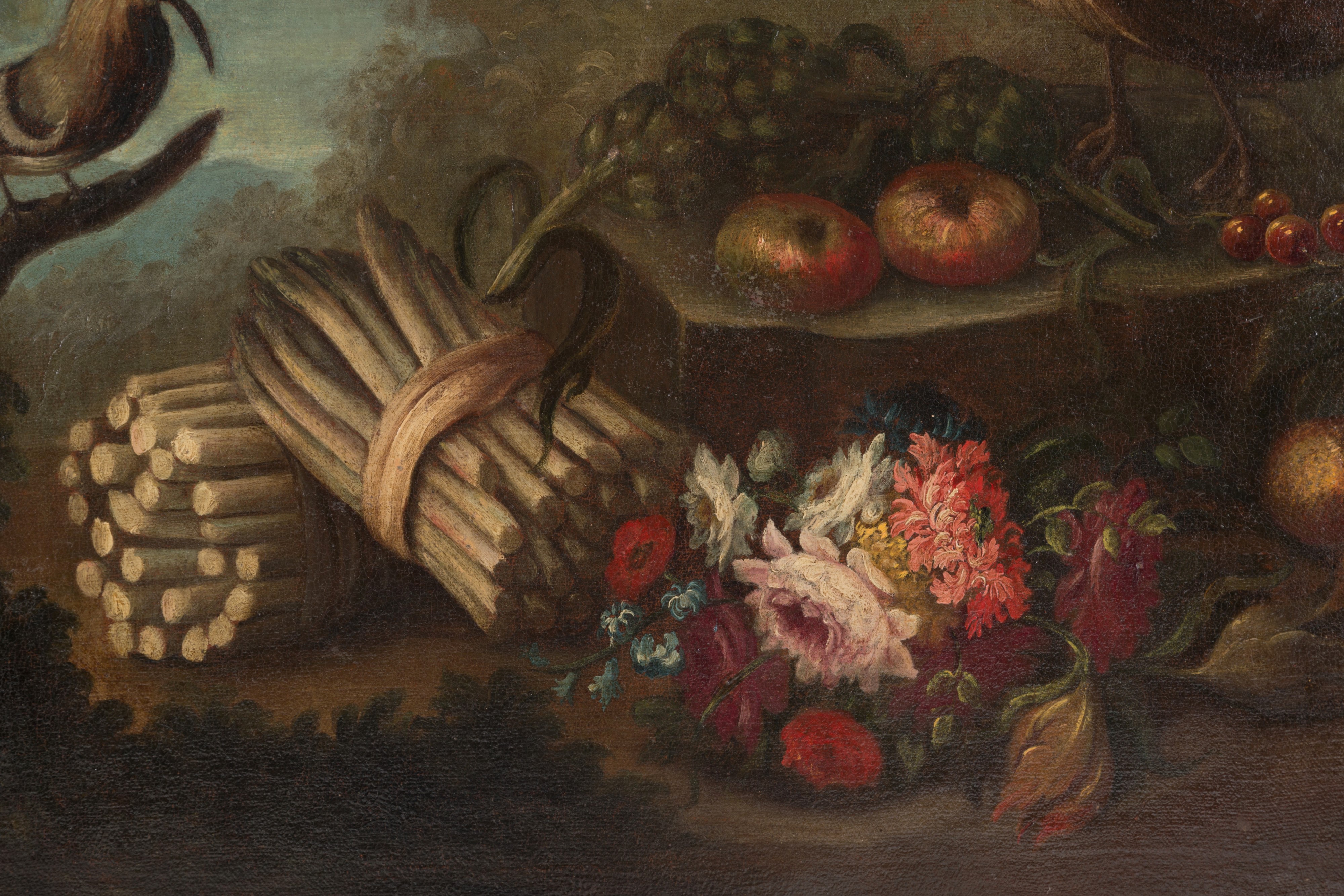 Dipinto "natura Morta con Fiori, Asparagi e Volatili".