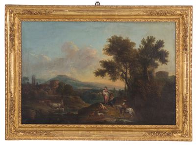 Dipinto "paesaggio con Personaggi e Animali"