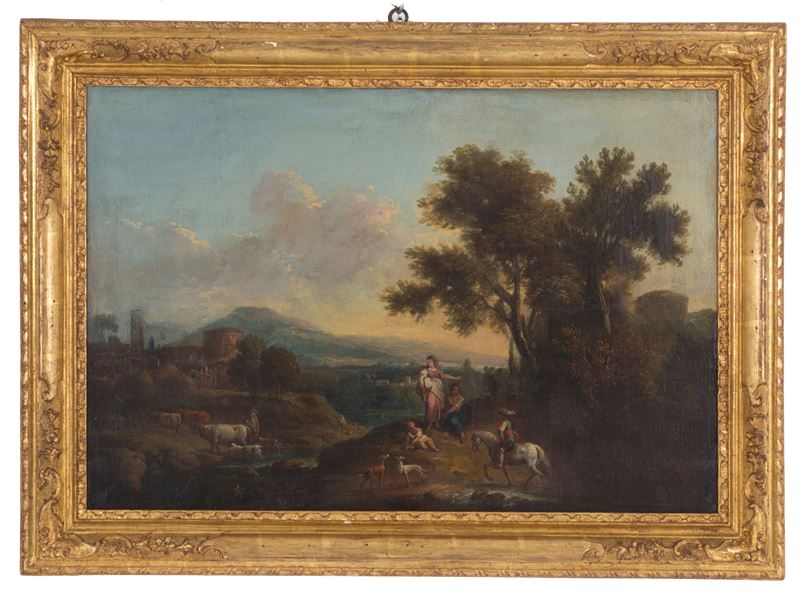 Dipinto "paesaggio con Personaggi e Animali"