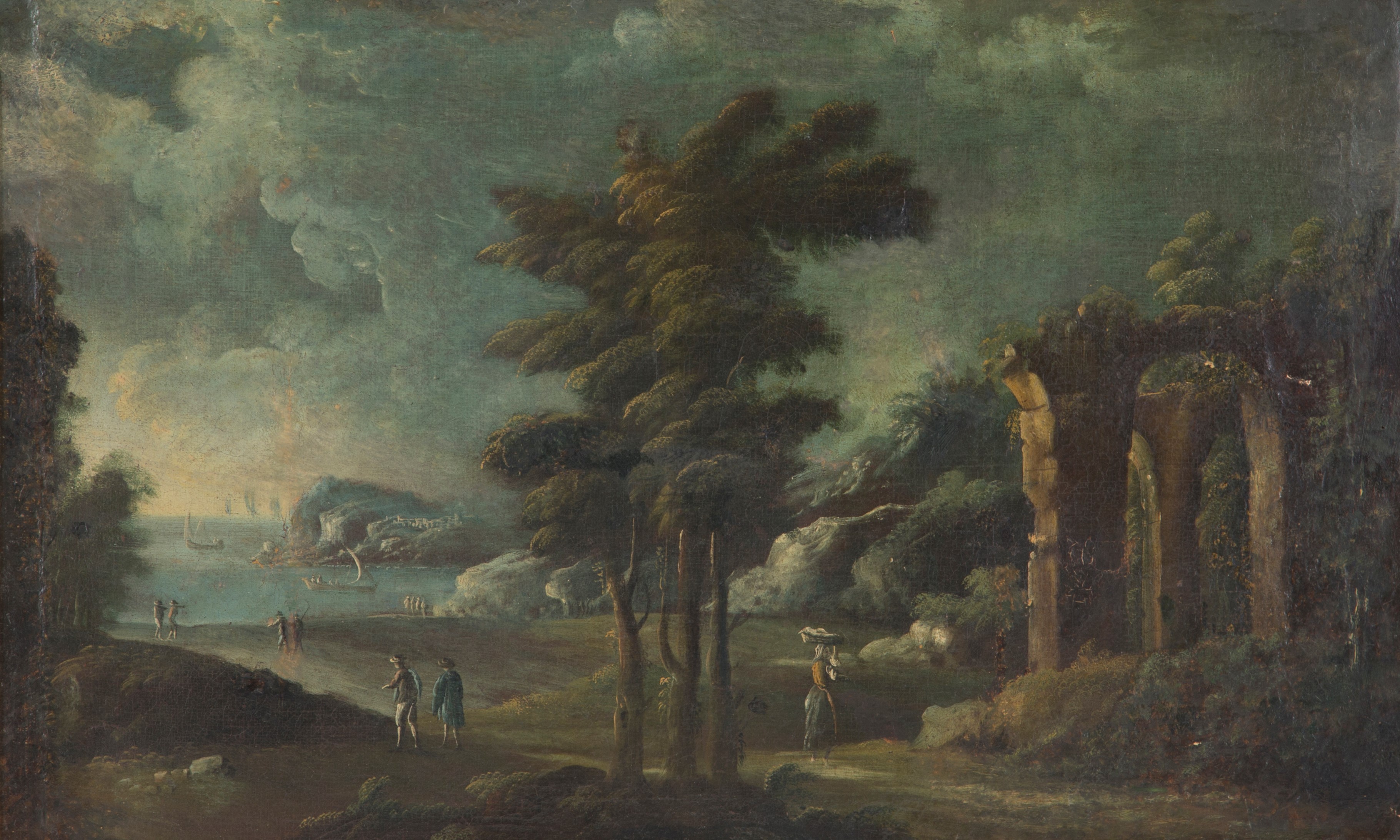 Dipinto "paesaggio con Marina sullo Sfondo, Personaggi e Architettura"