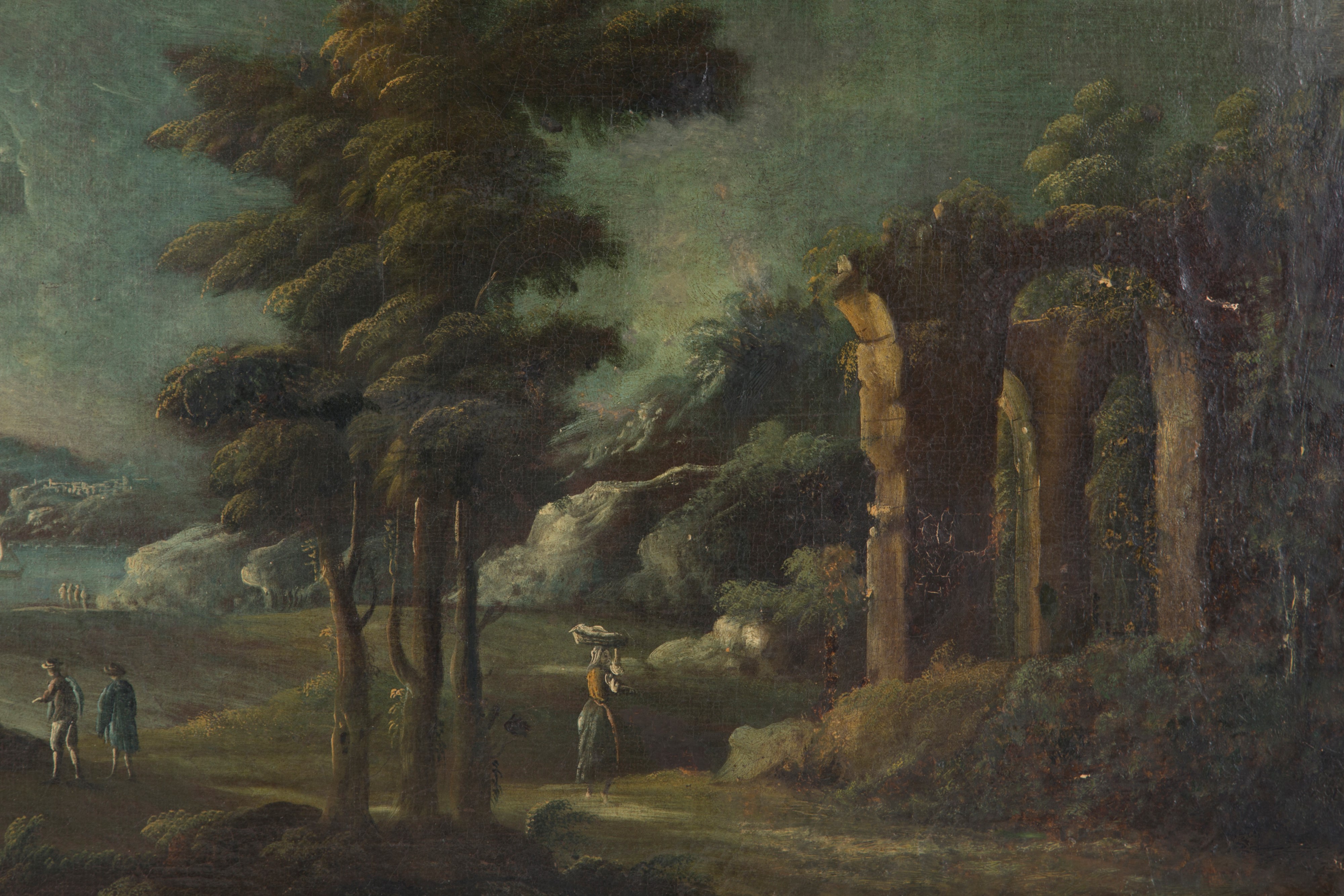 Dipinto "paesaggio con Marina sullo Sfondo, Personaggi e Architettura"