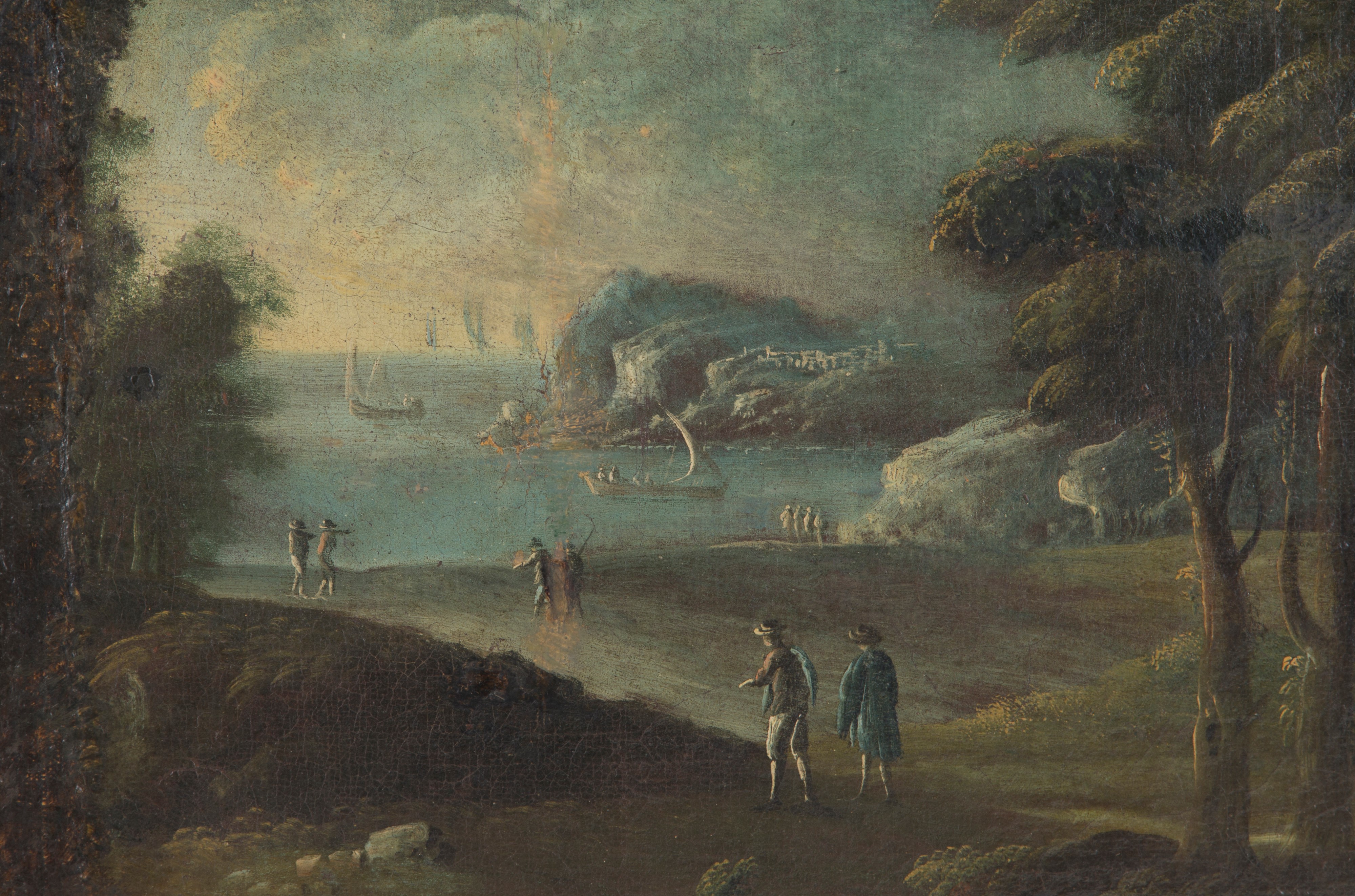 Dipinto "paesaggio con Marina sullo Sfondo, Personaggi e Architettura"