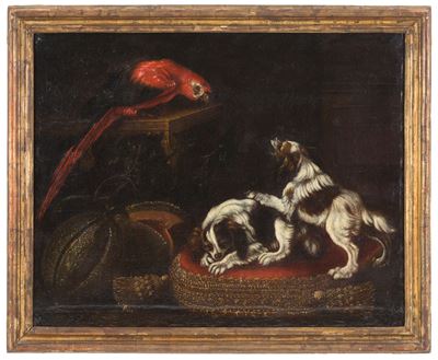 Dipinto "natura Morta con Cani, Zucca e Pappagallo"
