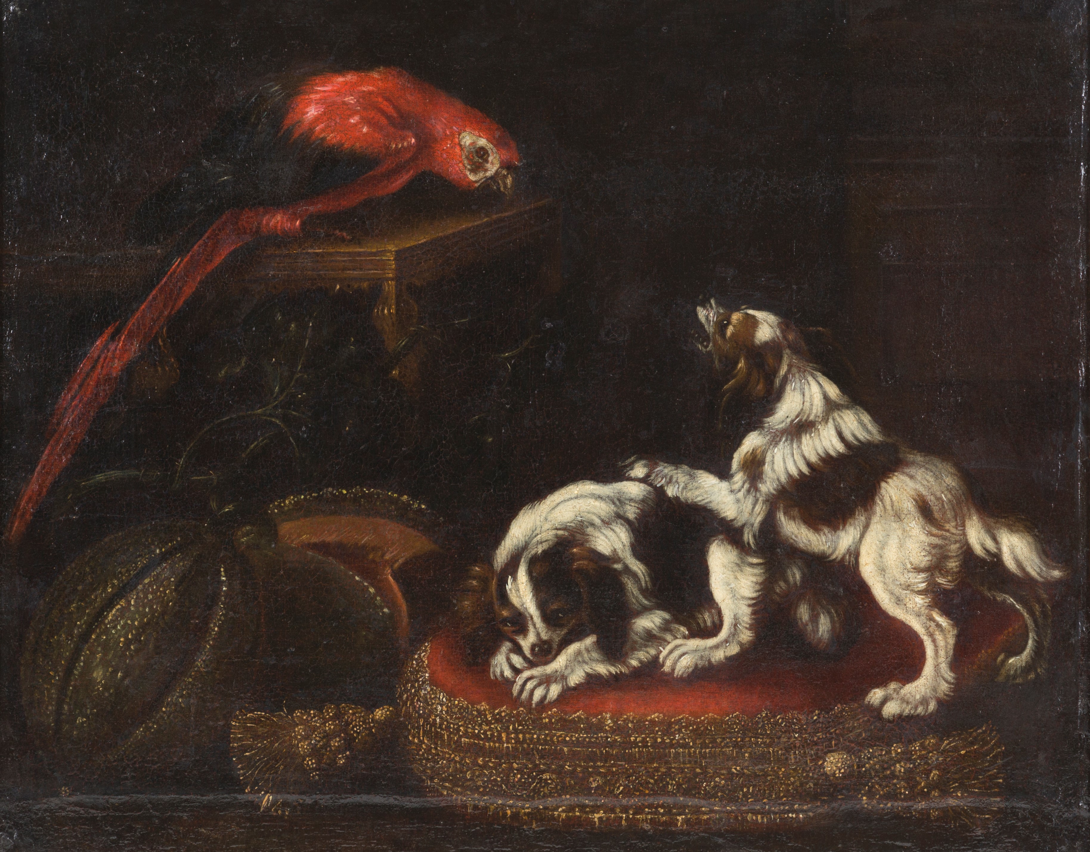 Dipinto "natura Morta con Cani, Zucca e Pappagallo"