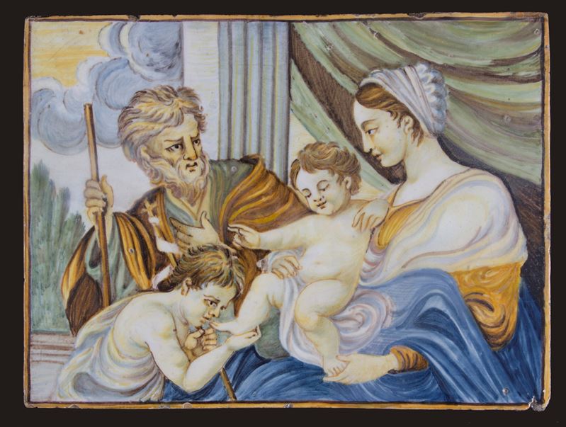 Placca in maiolica 'SACRA FAMIGLIA CON SAN GIOVANNINO'