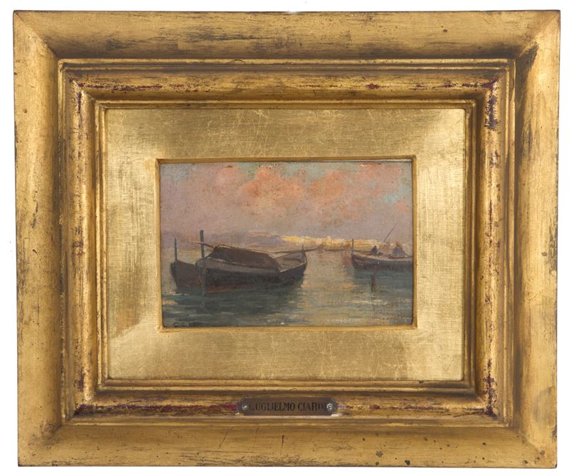 Guglielmo Ciardi - Dipinto "barche in Laguna"
