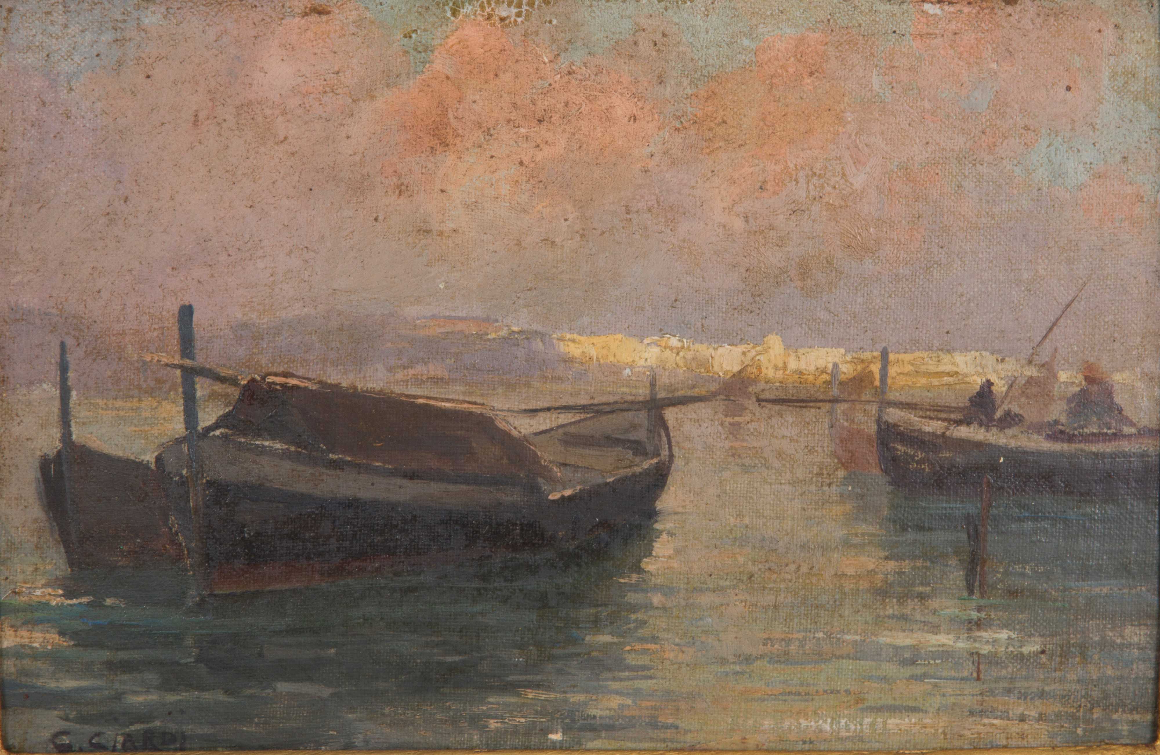 Guglielmo Ciardi - Dipinto "barche in Laguna"